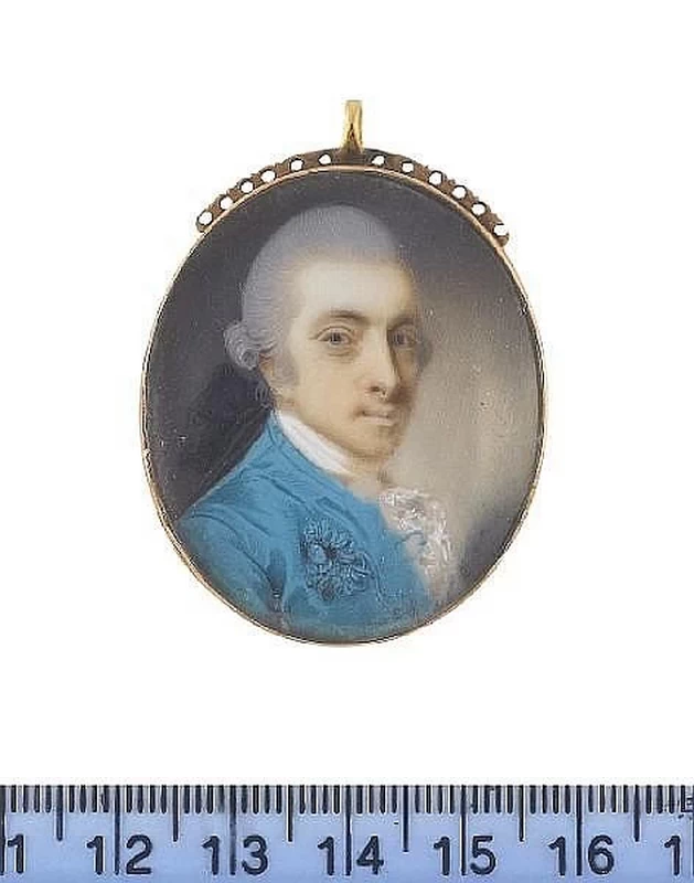 Ritratto di Sir Joshua Paul, 1 ° Baronetto, indossa un cappotto blu ciano, cravatta e borsa di pizzo bianco